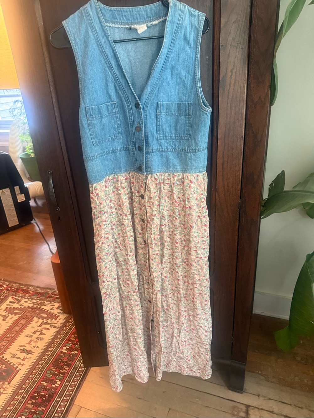 Vintage OOK Lee Denim Bodice Floral Maxi Dress - Blue & Pink